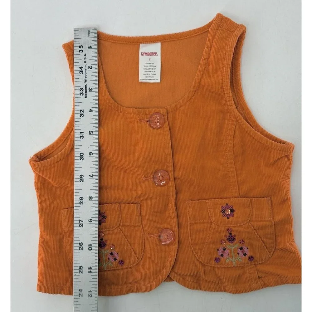 GYMBOREE Girl’s Orange Corduroy Button Front Embroidered‎ Vest Sz 3